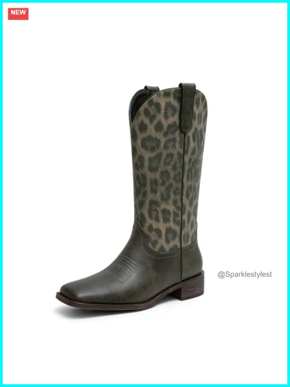 Cowgirl Boots Mid Calf Square Toe Chunky Heel Leopard Print Embroidered Western